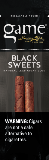 A two stick pouch of Black Sweets flavor Game cigarillos.