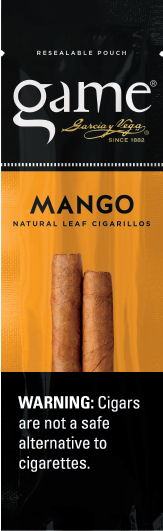 A two stick pouch of Mango flavor Game cigarillos.
